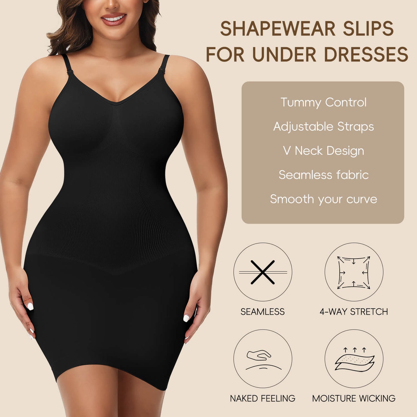 MANIFIQUE Women Shapewear Dress Full Slip Tummy Control Body Shaper V Neck Adjustable Spaghetti Strap