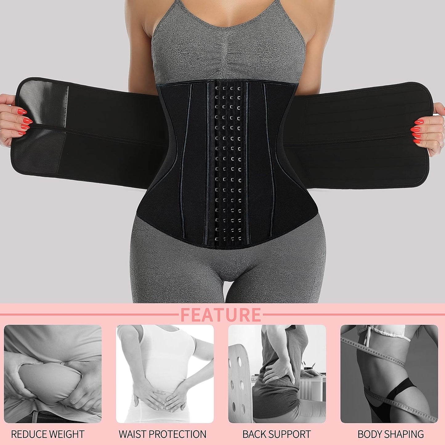 MANIFIQUE Waist Trainer for Women Shapewear Tummy Control Neoprene Workout 2 Belt With Hook 13 Steel Bones for Postpartum Gym