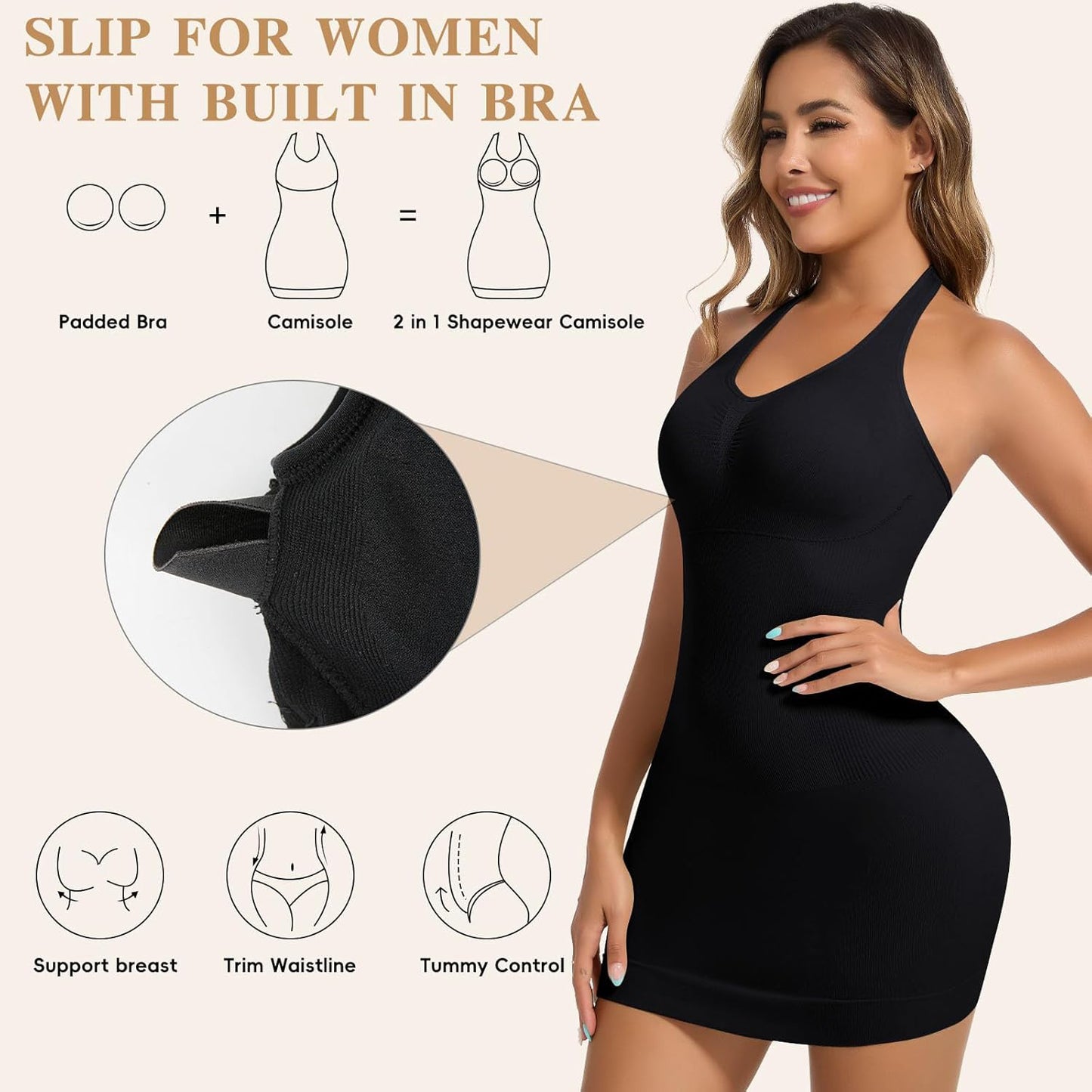 MANIFIQUE Shapewear Slip Dress with Built in Bra for Women V-Neck Halter Tummy Control Full Slips Convertible straps