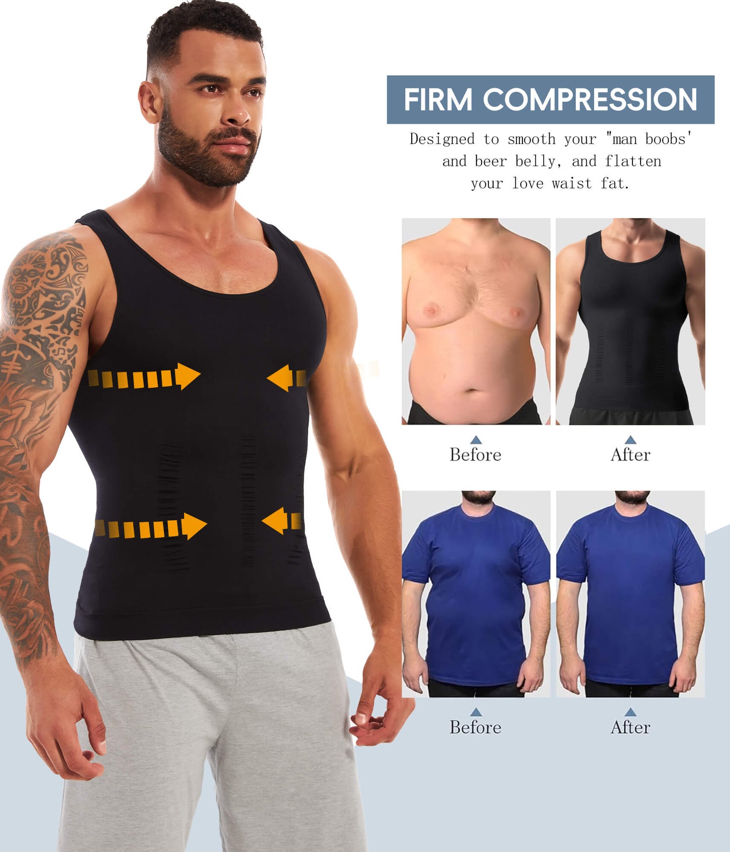 MANIFIQUE 2 Packs Compression Shirts for Men Gynecomastia Tank Tops Body Shaper Vest Slimming Base Layer Belly Control Undershirt