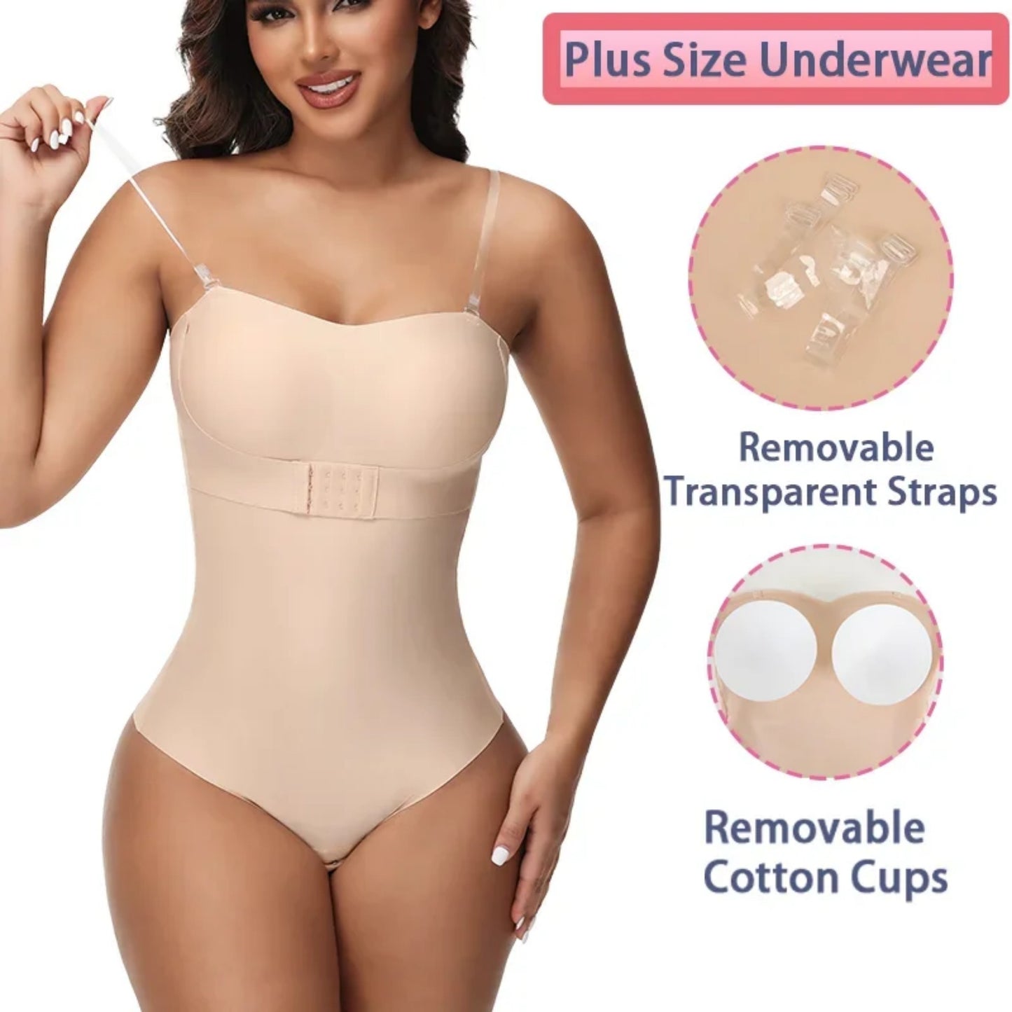 MISS COCOLI Strapless Shapewear Bodysuits for Women with Built in Bra Removable Tummy Control Shapewear Thong Sculpting Body Shaper