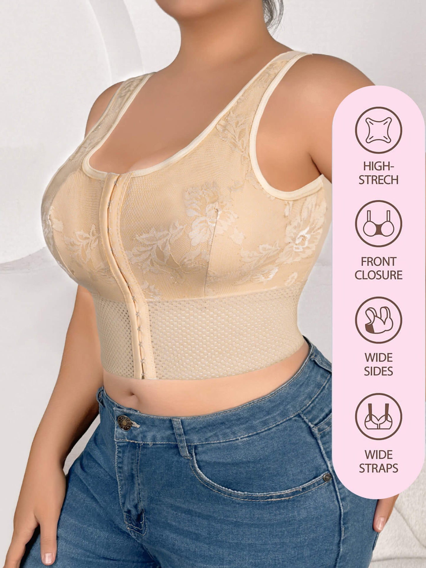 MANIFIQUE Women's Full Coverage Plus Size Comfort Minimizer Bra Wirefree Non Padded Floral Lace