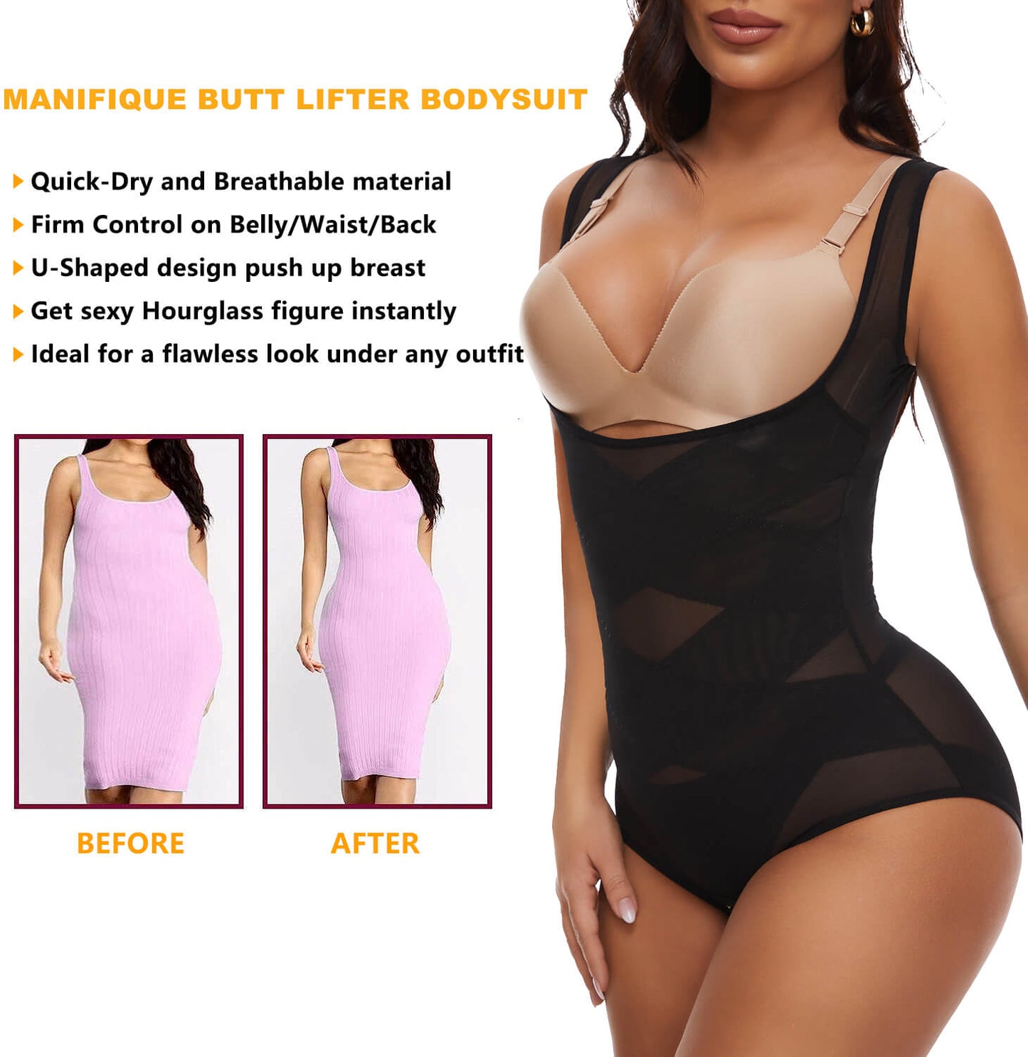 MANIFIQUE 2 Packs Shapewear Bodysuit for Women Tummy Control Butt Lifter Panty Hi-Waist Trainer Stomach Body Shaper Slimming Girdles