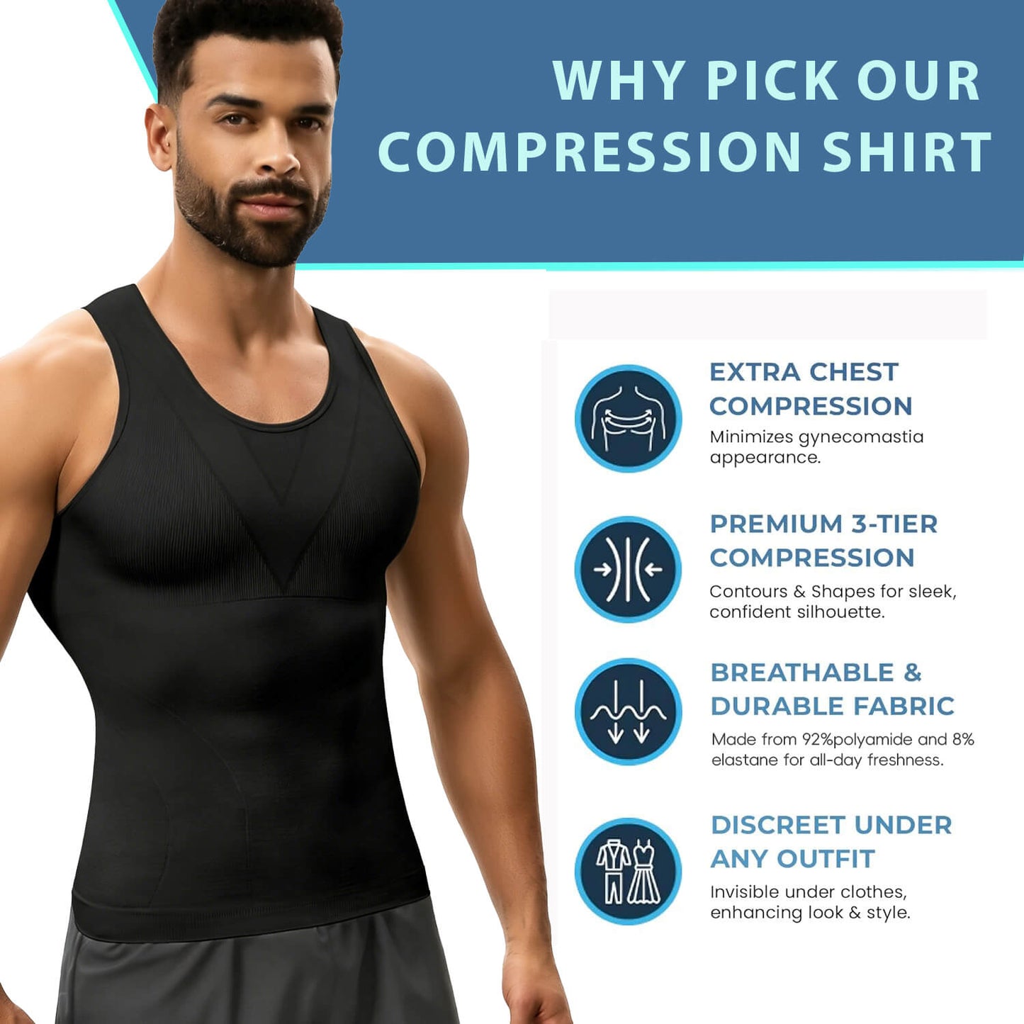 MANIFIQUE Gynecomastia Compression Shirts for Men - Sleeveless Slimming Undershirts Body Shaper Workout Tank Top
