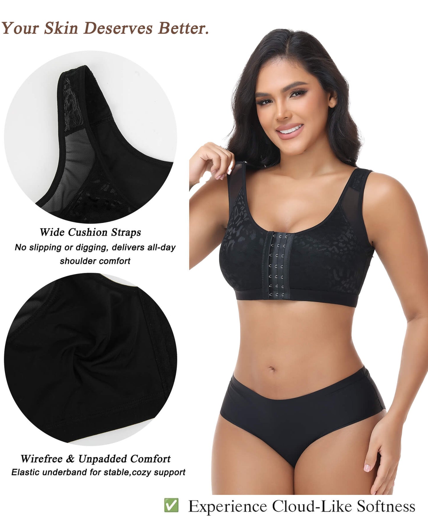 MANIFIQUE Women's Full Figure Front Closure Wirefree Jacquard Back Support Posture Bra