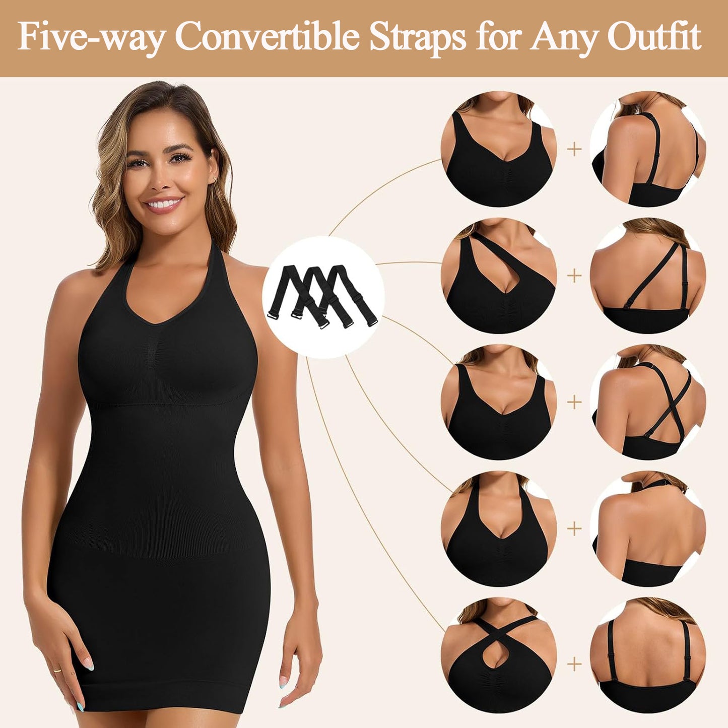 MANIFIQUE Shapewear Slip Dress with Built in Bra for Women V-Neck Halter Tummy Control Full Slips Convertible straps