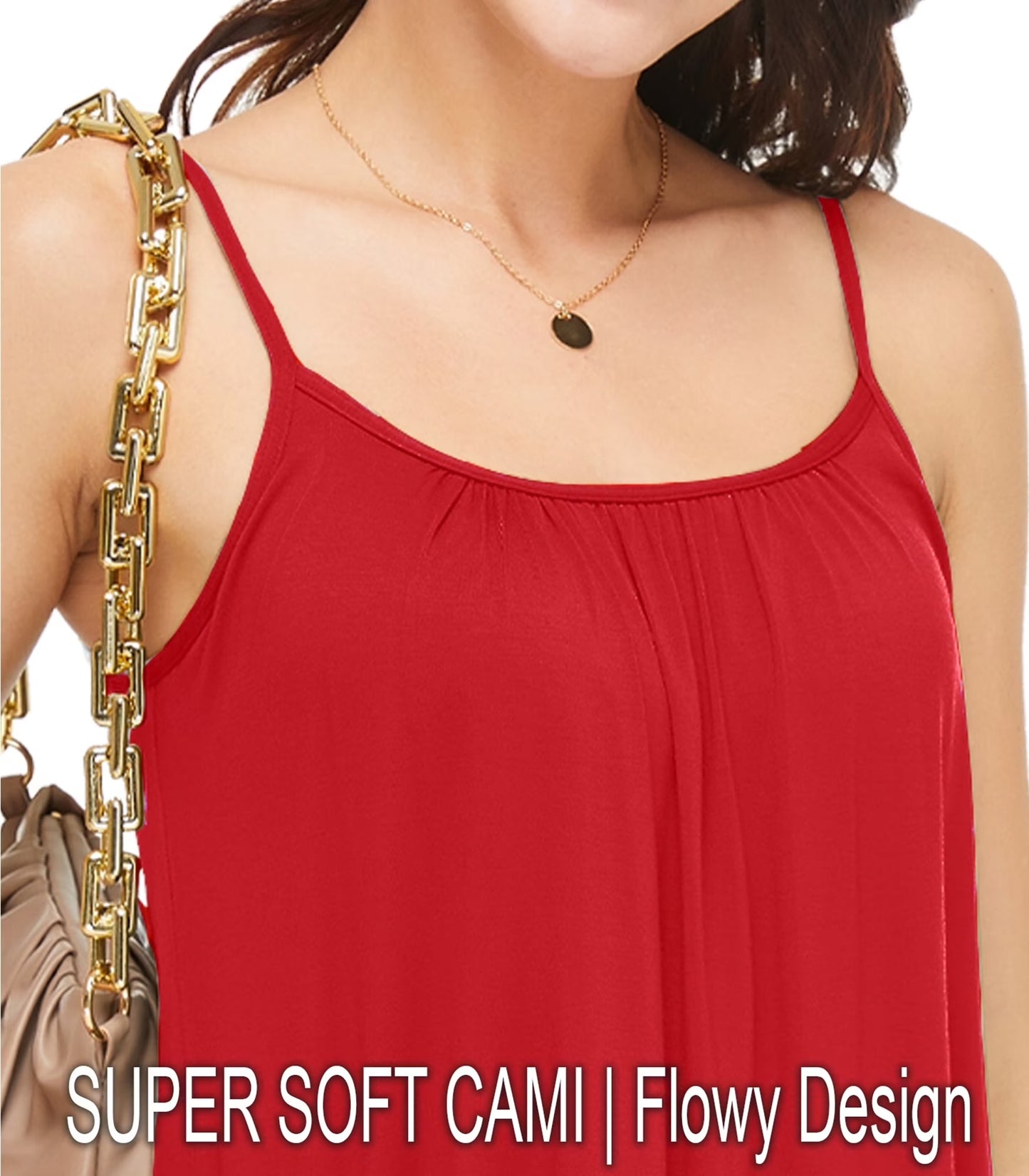 QRIC Women's Basic Solid Cami with Built-in Shelf Bra Flowy Swing Pleated Camisole With Adjustable Straps (S-4XL)