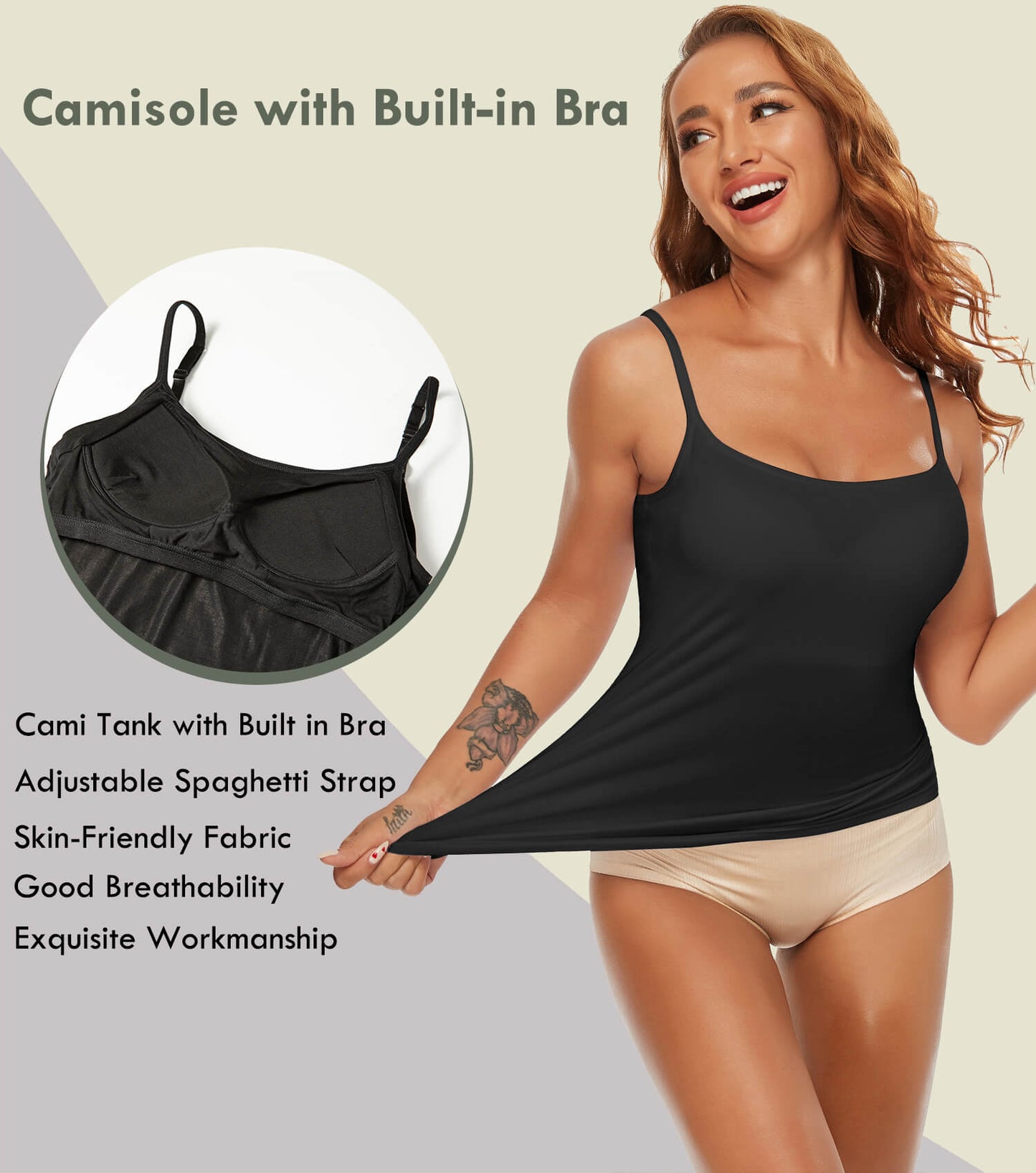 VASLANDA Tank Tops with Built in Bra for Women Adjustable Spaghetti Strap Cami Sleeveless Summer Tops