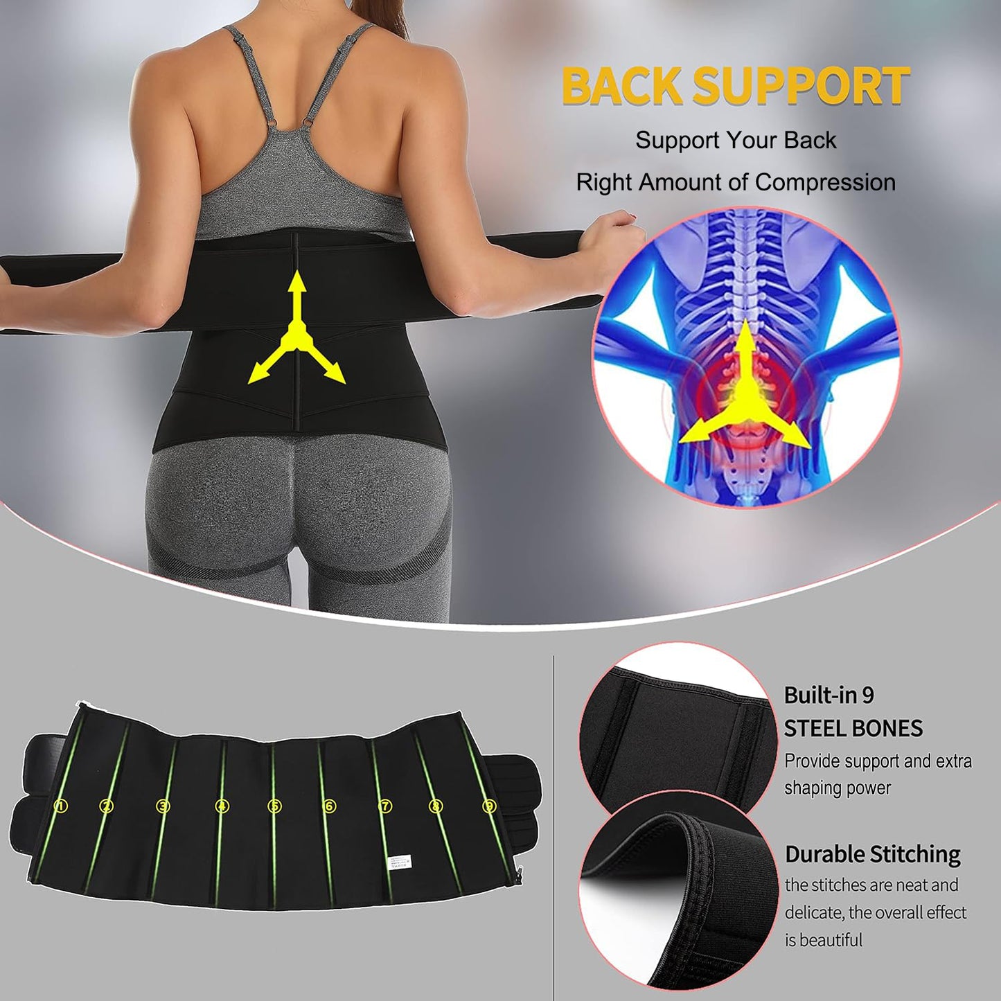 MANIFIQUE Waist Trainer for Women Belly Band Long Torso Sauna Workout 2 Belt With Zipper 9 Steel Bones Corset