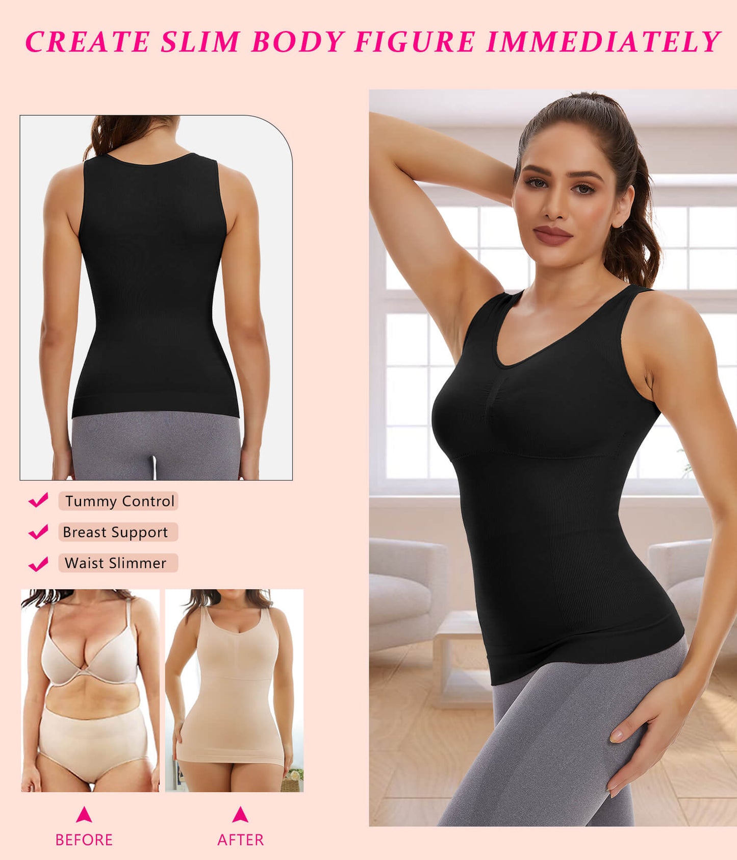 MANIFIQUE 3 Packs Shapewear Tank Tops with Built in Bra for Women Tummy Control Shaper Cami Compression Body Shaper
