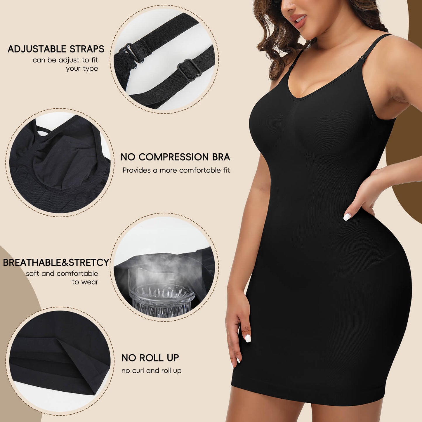 MANIFIQUE Women Shapewear Dress Full Slip Tummy Control Body Shaper V Neck Adjustable Spaghetti Strap