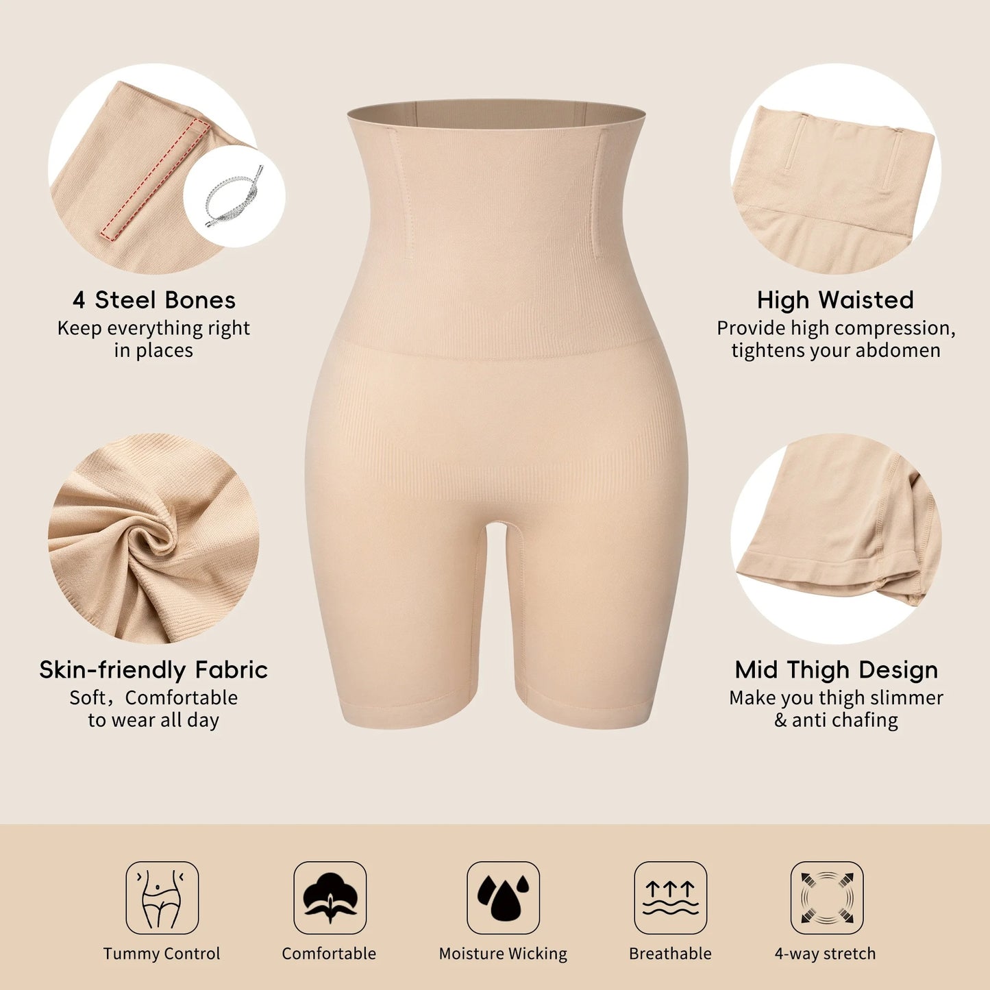COMFREE Shapewear Shorts for Women Tummy Control High Waist Body Shaper Compression Thigh Slimmer Butt Lifter Panties