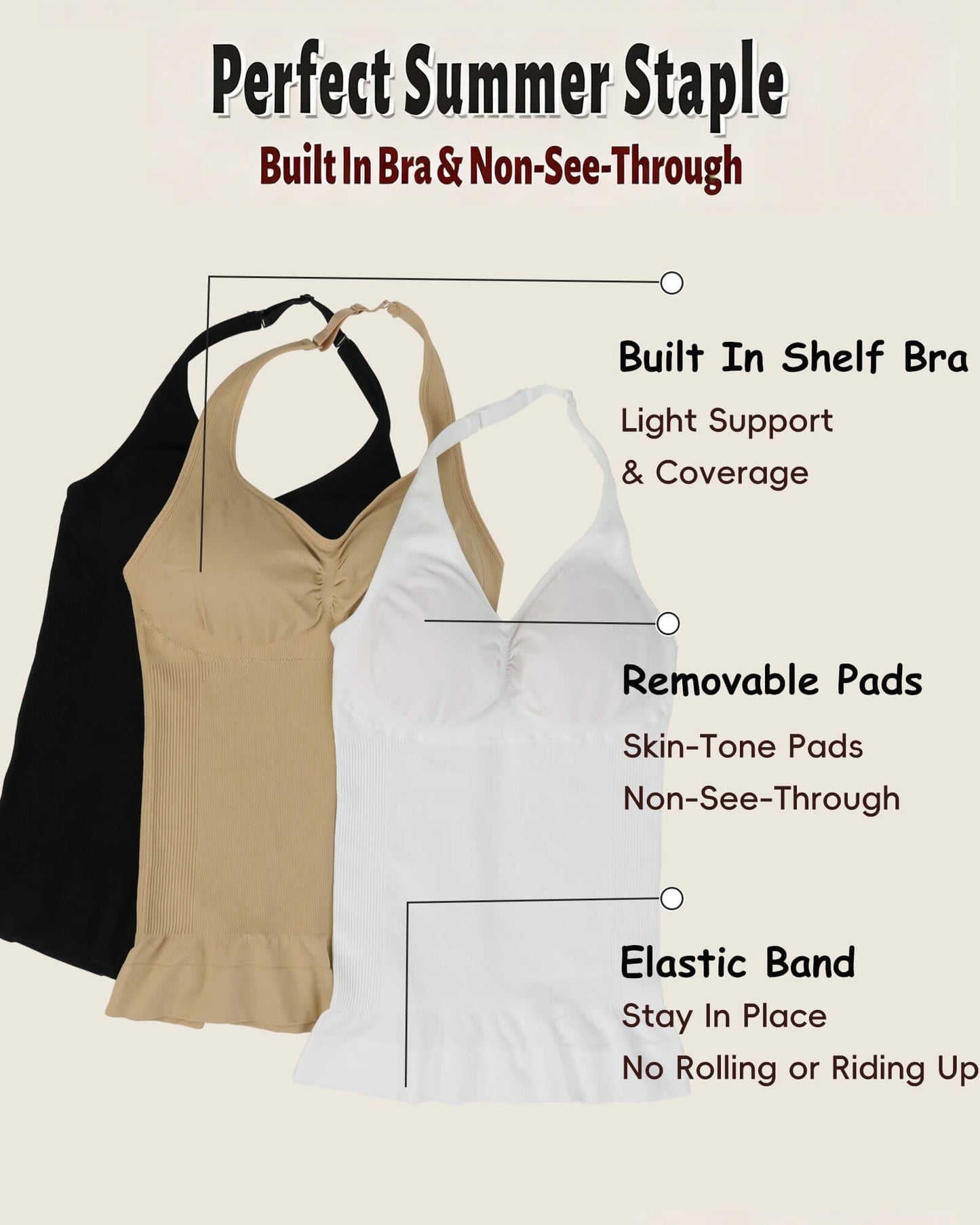 MANIFIQUE Halter Tops for Women with Built in Bras V Neck Slim Fit Cami Backless Trendy Going Out Tops