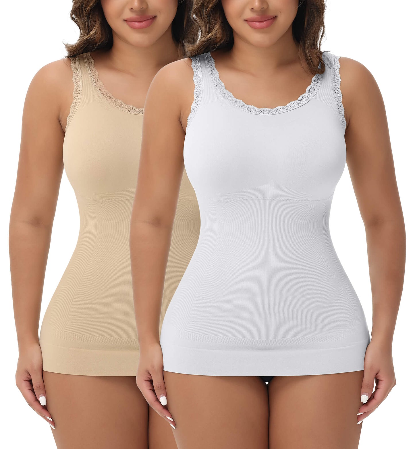 MANIFIQUE 2 Packs Women Tummy Control Shapewear Lace Tank Tops Seamless Compression Tops Slimming Body Shaper Camisole