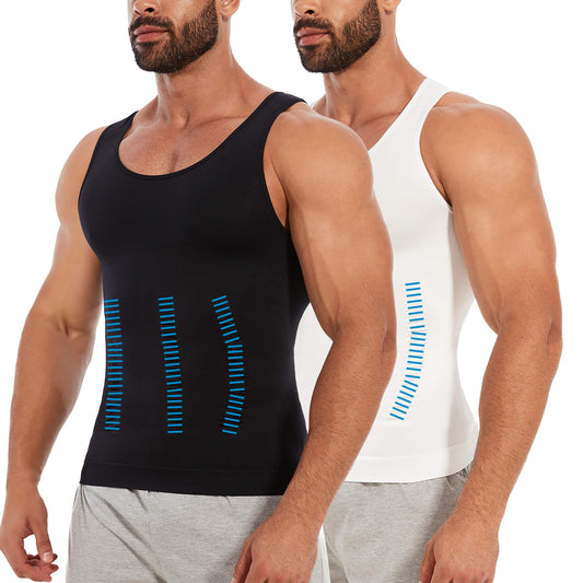 MANIFIQUE 2 Packs Compression Shirts for Men Gynecomastia Tank Tops Body Shaper Vest Slimming Base Layer Belly Control Undershirt