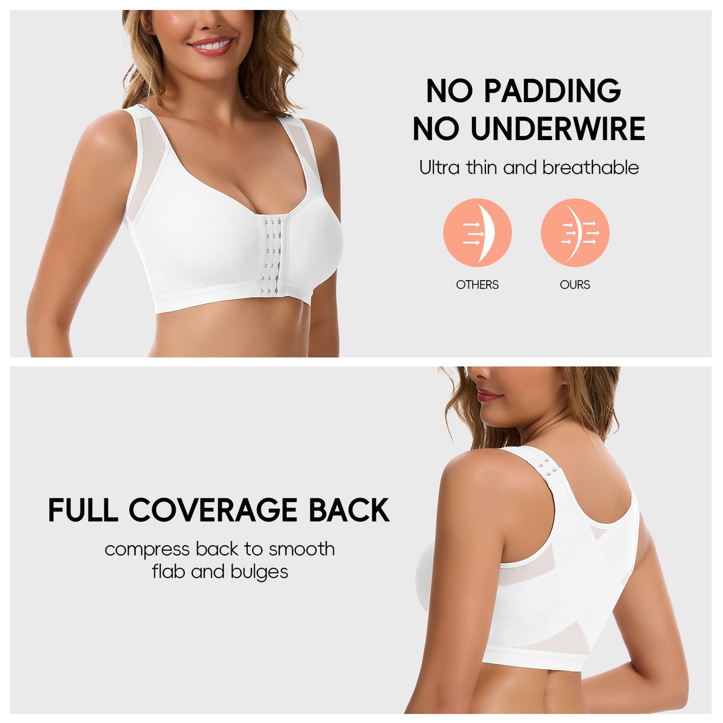 Vaslanda Front Closure Compression Bra for Women Post Surgery Recovery Support Bra with Adjustable Straps Breast Augmentation Mastectomy Bra