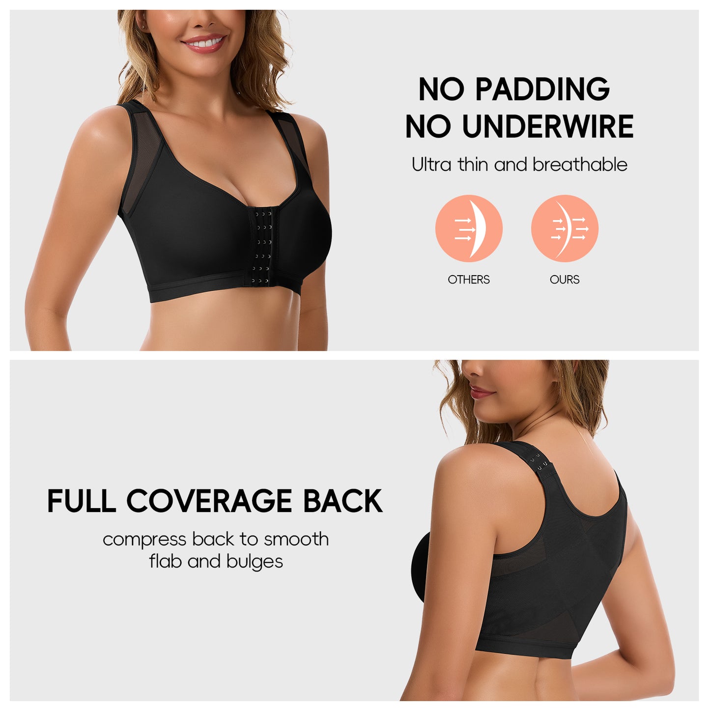 Vaslanda Front Closure Compression Bra for Women Post Surgery Recovery Support Bra with Adjustable Straps Breast Augmentation Mastectomy Bra