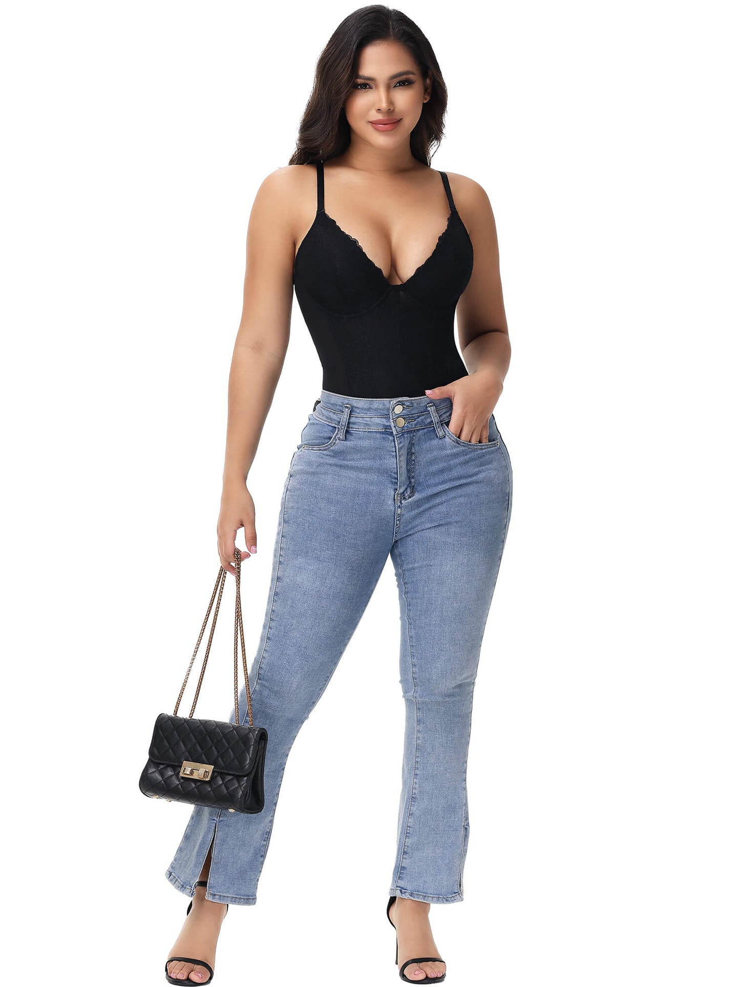 MANIFIQUE Corset Bodysuit Built in Bra - V Neck Bodysuits for Women Tummy Control Shapewear