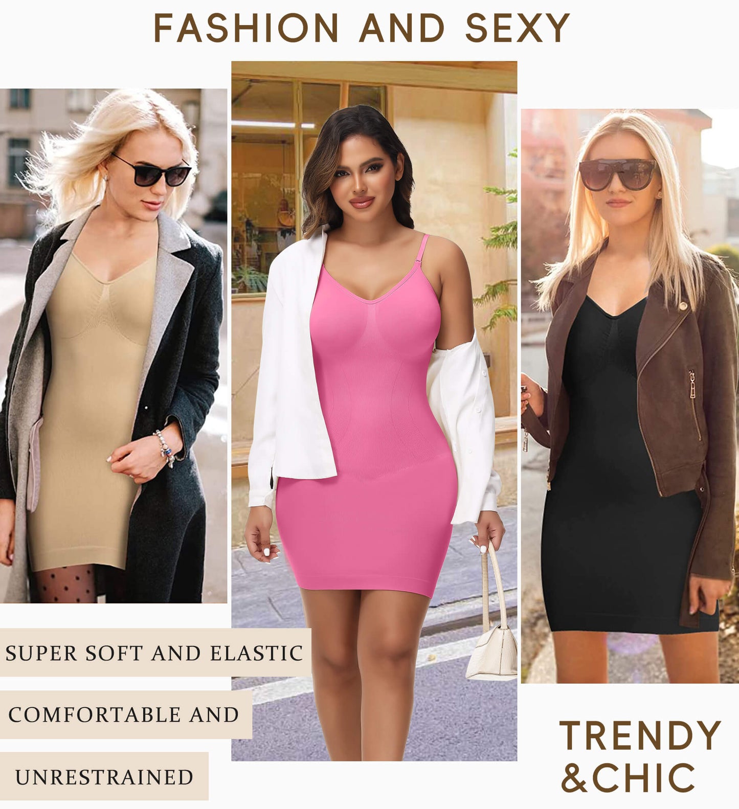 MANIFIQUE Women Shapewear Dress Full Slip Tummy Control Body Shaper V Neck Adjustable Spaghetti Strap