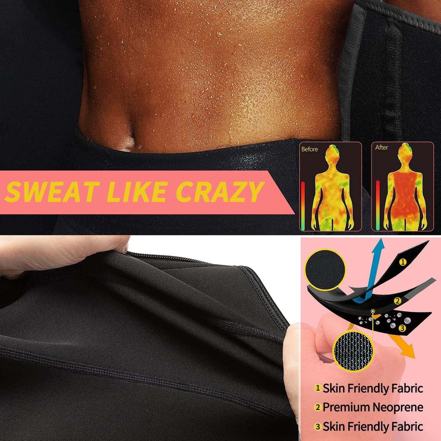 MANIFIQUE Waist Trainer for Women Belly Band Long Torso Sauna Workout 2 Belt With Zipper 9 Steel Bones Corset