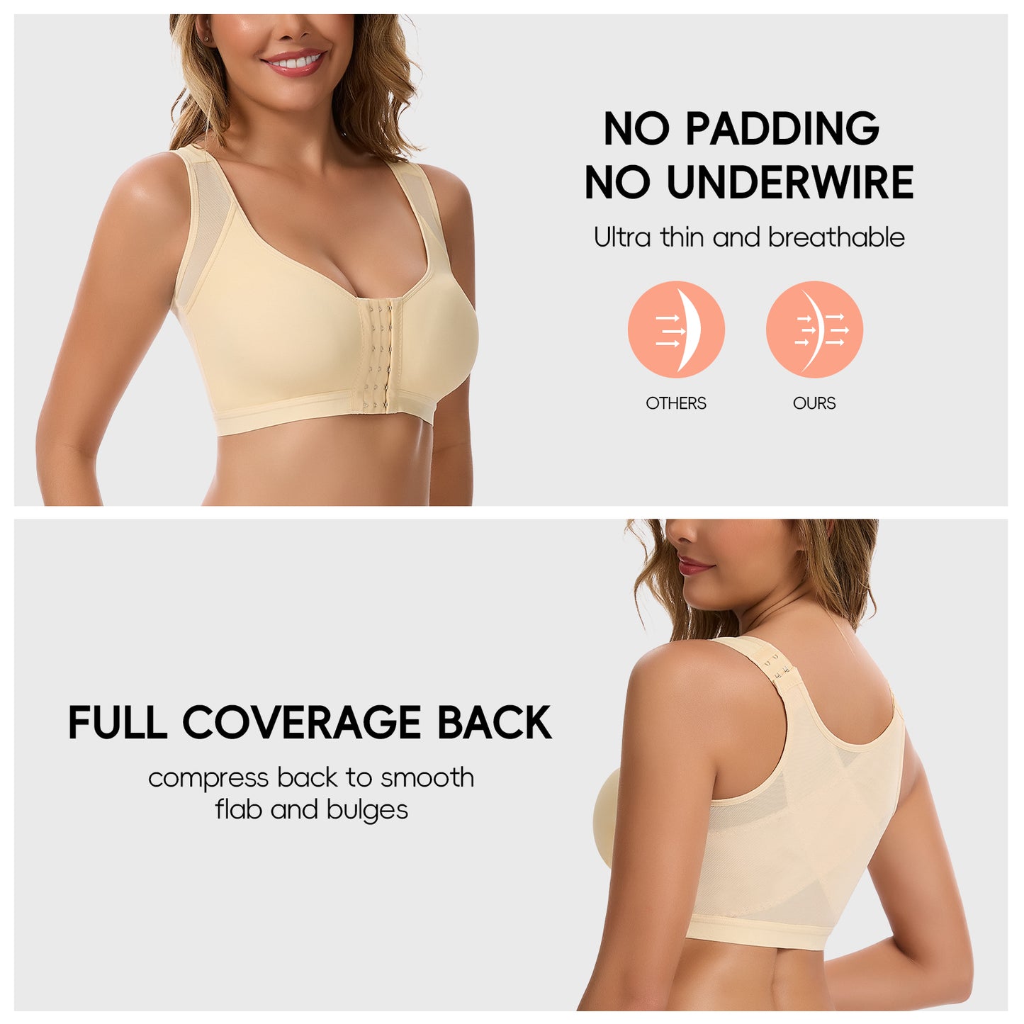 Vaslanda Front Closure Compression Bra for Women Post Surgery Recovery Support Bra with Adjustable Straps Breast Augmentation Mastectomy Bra