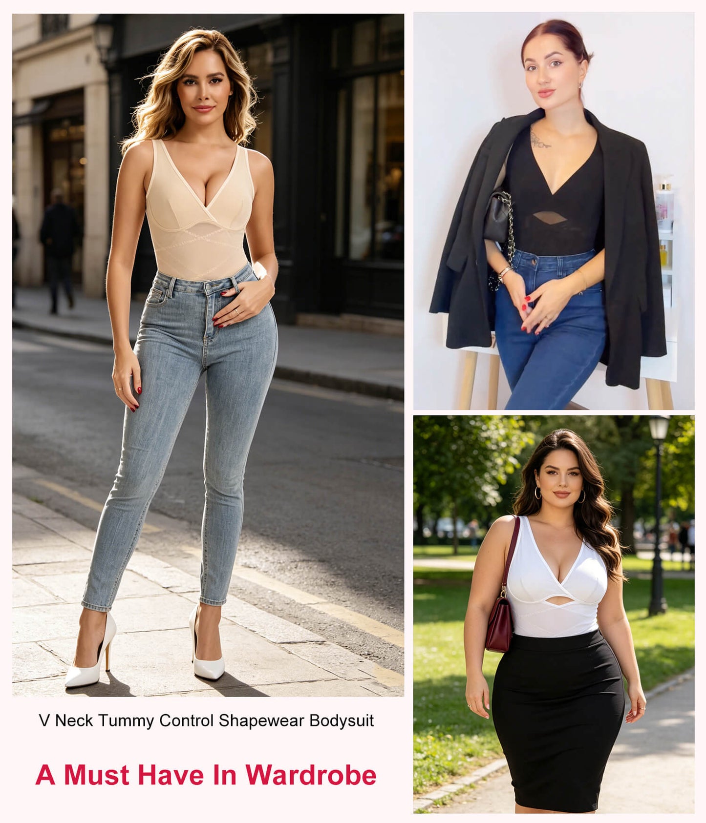 Vaslanda Shapewear Bodysuits for Women Tummy Control Faja Body Shaper Waist Trainer V Neck Body Suit with Built in Bra