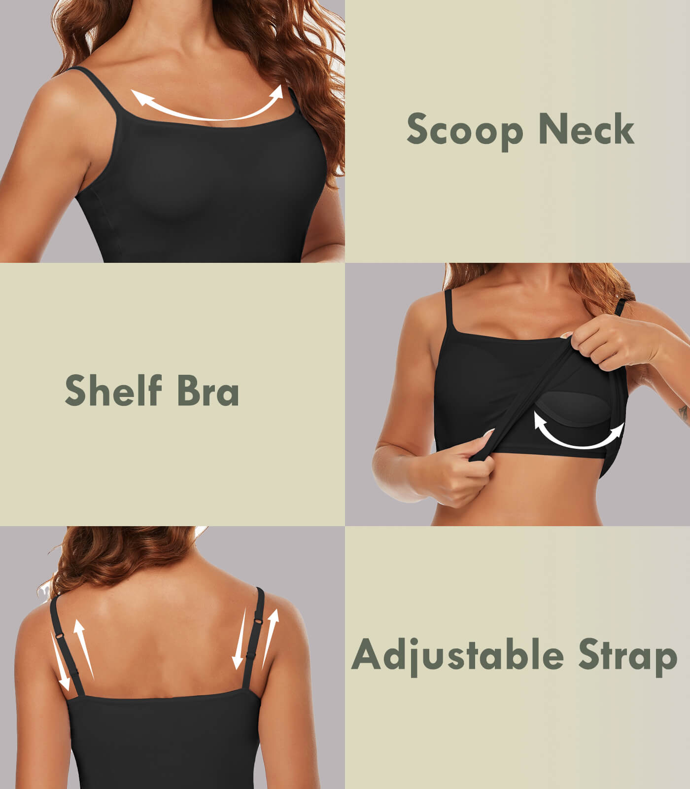 VASLANDA Tank Tops with Built in Bra for Women Adjustable Spaghetti Strap Cami Sleeveless Summer Tops