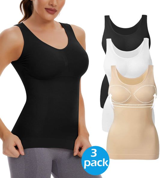 MANIFIQUE 3 Packs Shapewear Tank Tops with Built in Bra for Women Tummy Control Shaper Cami Compression Body Shaper