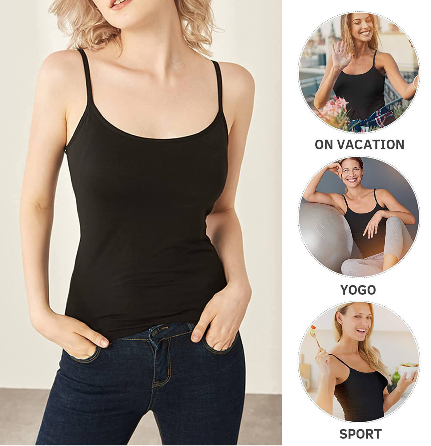 VASLANDA Tank Tops with Built in Bra for Women Adjustable Spaghetti Strap Cami Sleeveless Summer Tops