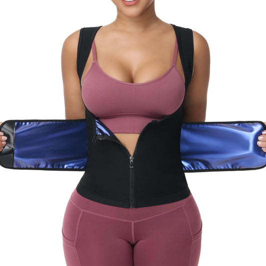 COMFREE Women Sauna Suit Waist Trainer Vest With Zipper Sweat Tank Top Body Shaper With Trimmer Belt