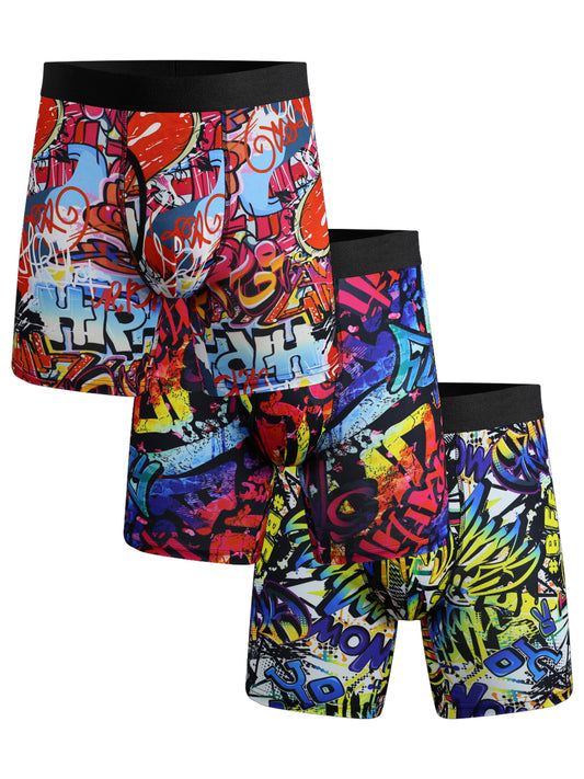 Lalamelon 3 PACK Big and Tall Mens Boxer Briefs Scrawl Print Plus Size Underwear With Fly Comfy Breathable Boxers